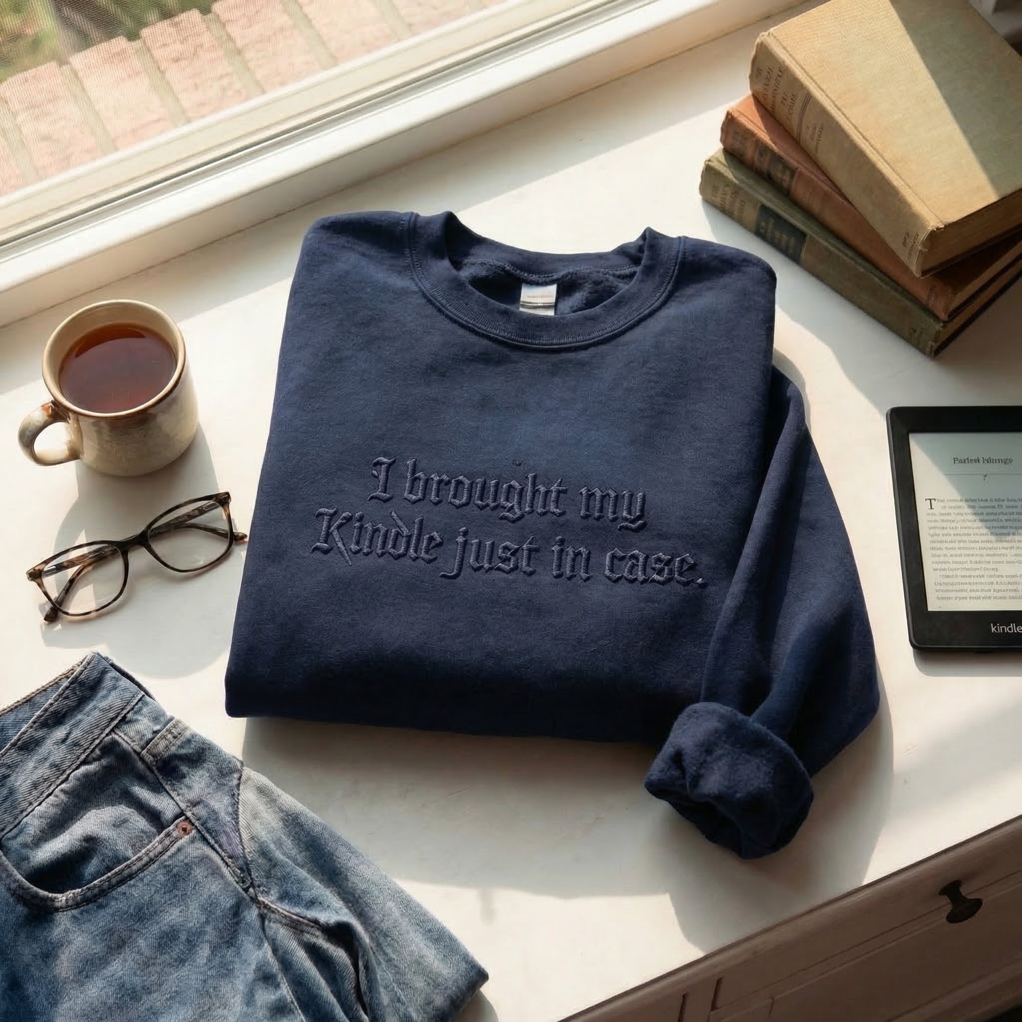 I Brought My Kindle In Just Case Embroidered Shirt