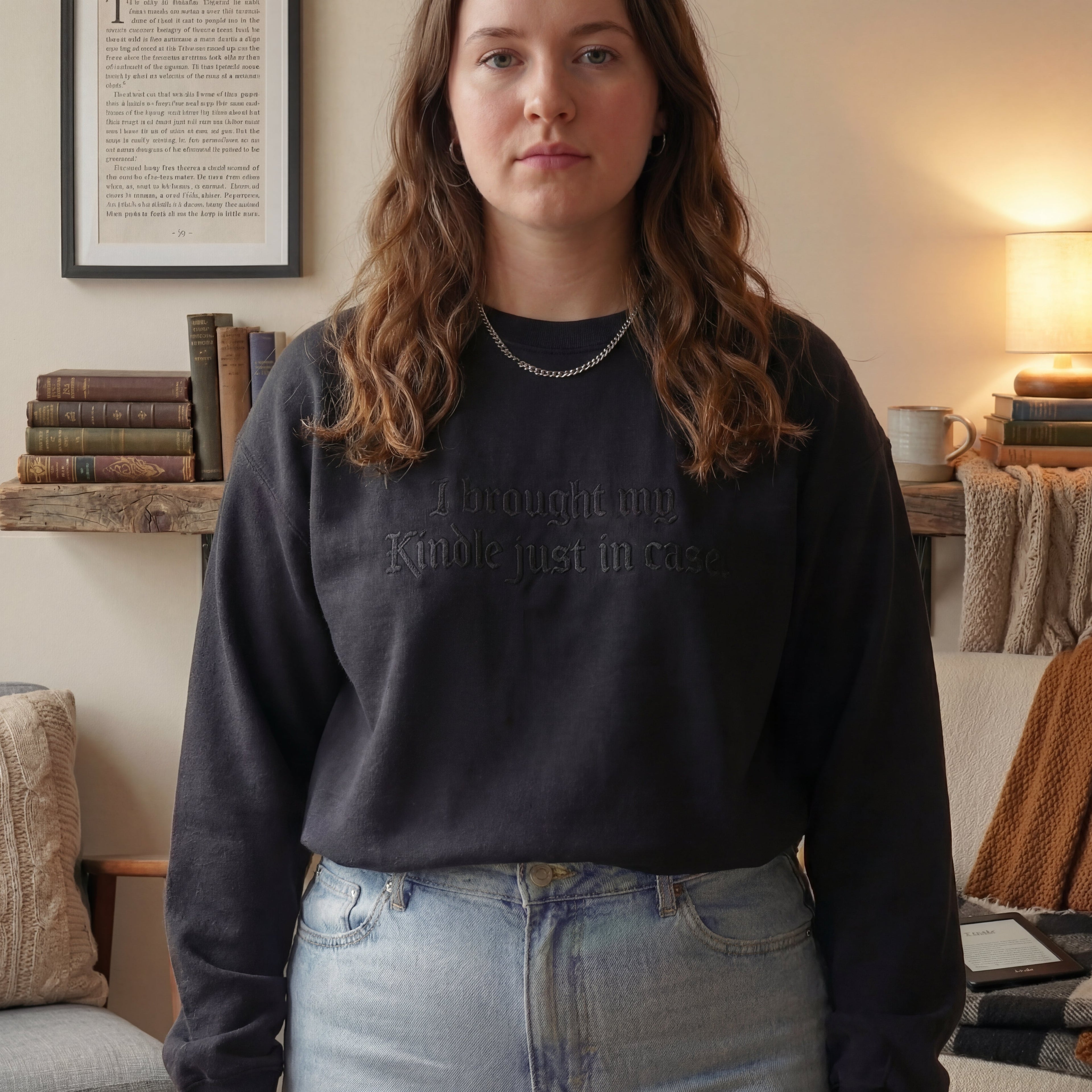 I Brought My Kindle In Just Case Embroidered Shirt